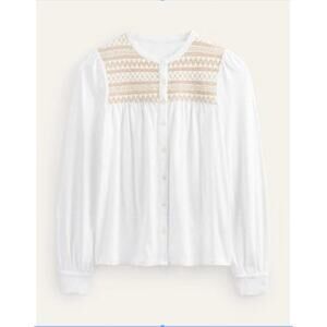 Boden Smocked Yoke Embroidered Shirt White Cotton Blend Long Sleeve Sz 16/18